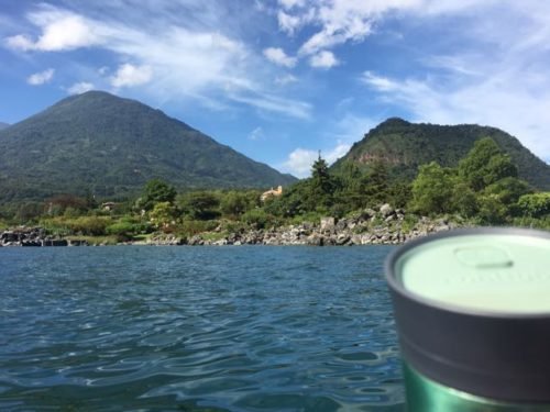 My coffee mug enjoying the view of Toliman on the left and Cerro de Oro on the right
