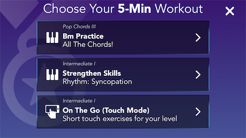 Simply Piano 5 minute workout screen