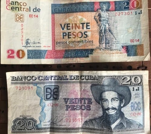 Photo of the Cuban Convertible Peso (CUC) and the "moneda nacional" (CUP)