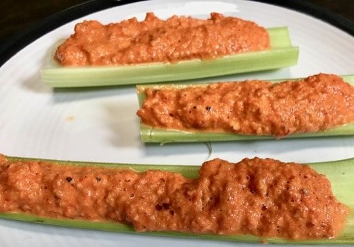 Roasted red pepper dip in celery