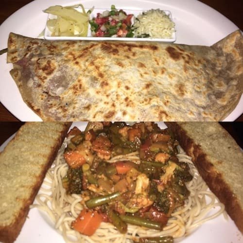 Our best meals in Copán at ViaVia Cafe: veggie baleada and pasta with vegetable sauce